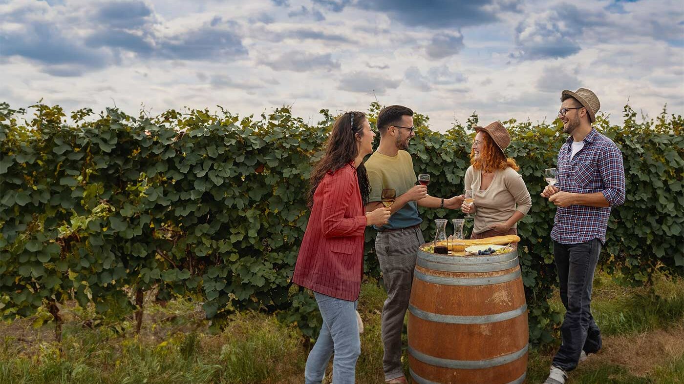 Friends in a vineyard, enjoying wine
